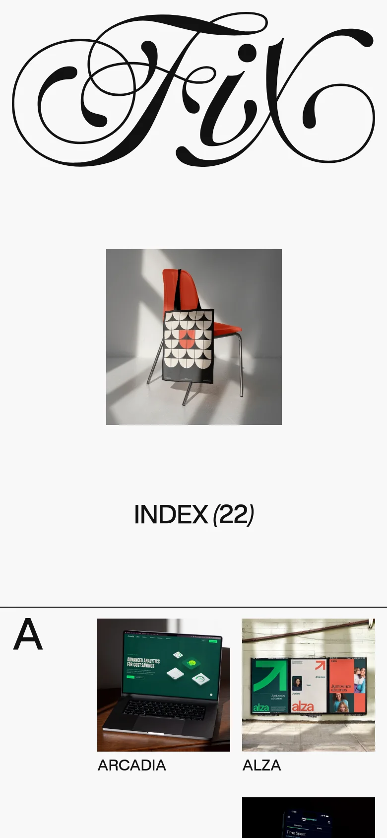The mobile version maintains the minimalist white and black aesthetic but uses a single-column vertical layout. The large 'INDEX (22)' header is followed by large alphabetical section markers, with project images and titles like 'ARCADIA' and 'ALZA' stacked vertically for easier scrolling on a narrow screen.