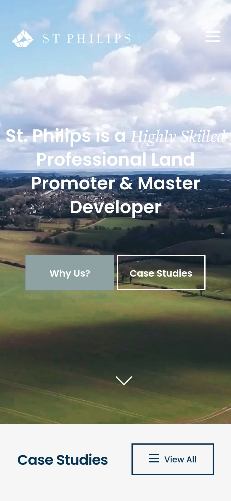 The mobile version uses a similar landscape hero image but features a condensed layout with a hamburger menu icon at the top right. The headline is centered and stacked vertically, followed by the 'Why Us?' and 'Case Studies' buttons arranged side-by-side. Below the hero section, a 'Case Studies' heading appears with a 'View All' button featuring a menu icon.