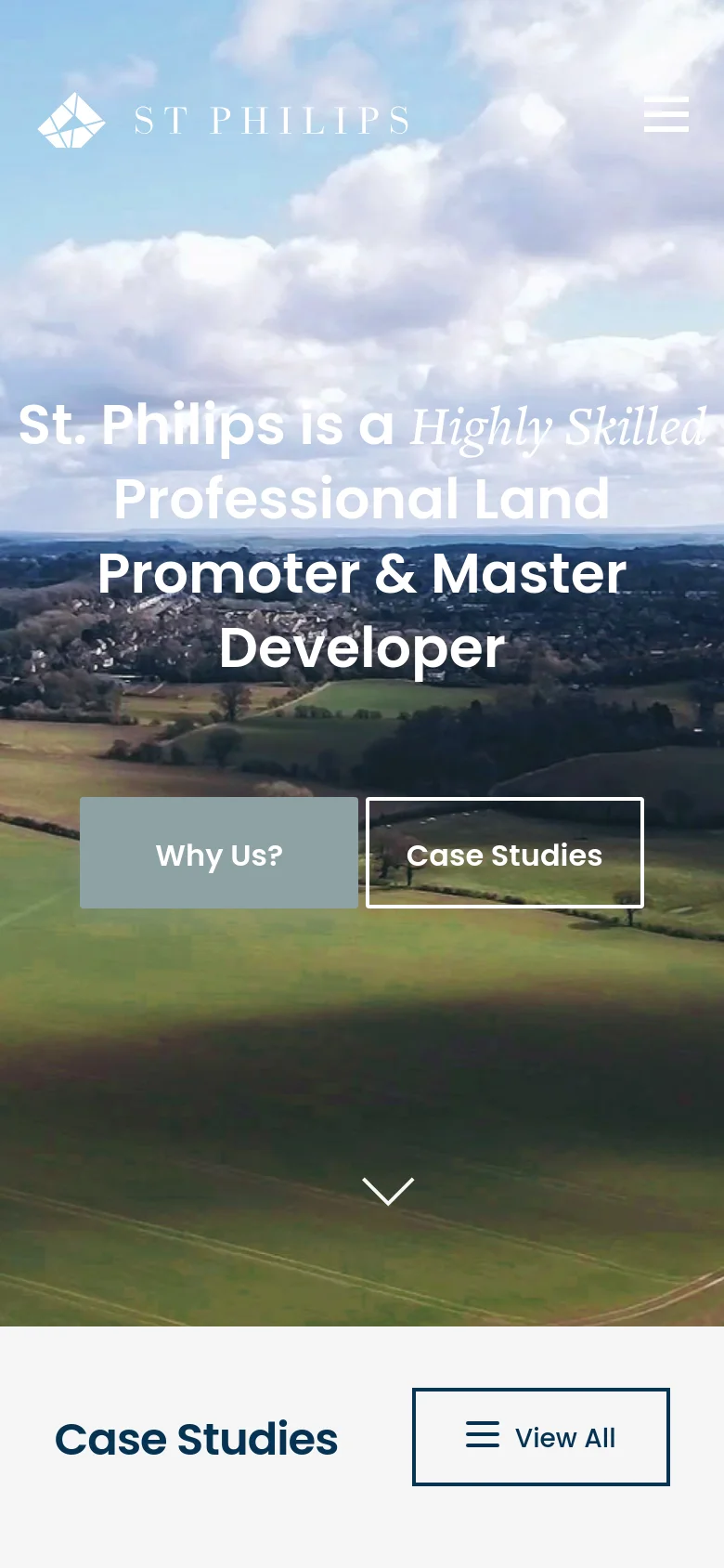 The mobile version uses a similar landscape hero image but features a condensed layout with a hamburger menu icon at the top right. The headline is centered and stacked vertically, followed by the 'Why Us?' and 'Case Studies' buttons arranged side-by-side. Below the hero section, a 'Case Studies' heading appears with a 'View All' button featuring a menu icon.