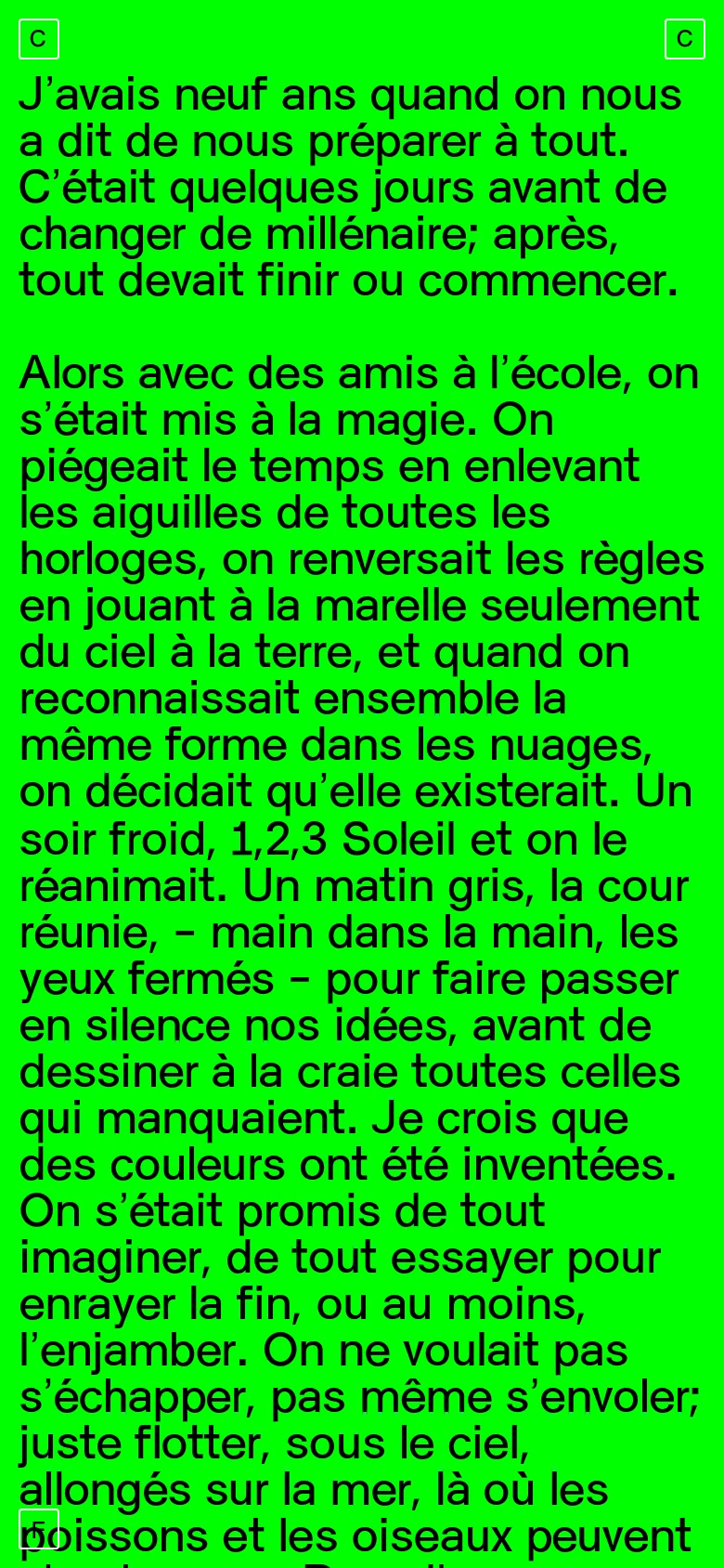 The mobile version maintains the vibrant green background and black text but adopts a vertical, single-column layout optimized for reading. The text scales to fill the screen width, and the navigation elements are simplified to fit the narrower viewport.
