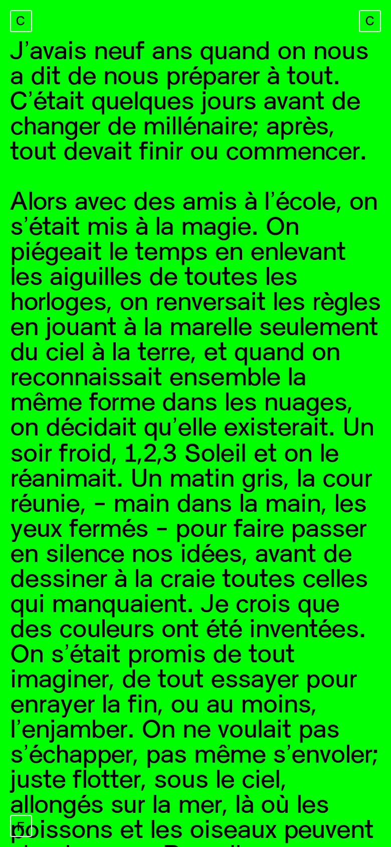 The mobile version maintains the vibrant green background and black text but adopts a vertical, single-column layout optimized for reading. The text scales to fill the screen width, and the navigation elements are simplified to fit the narrower viewport.