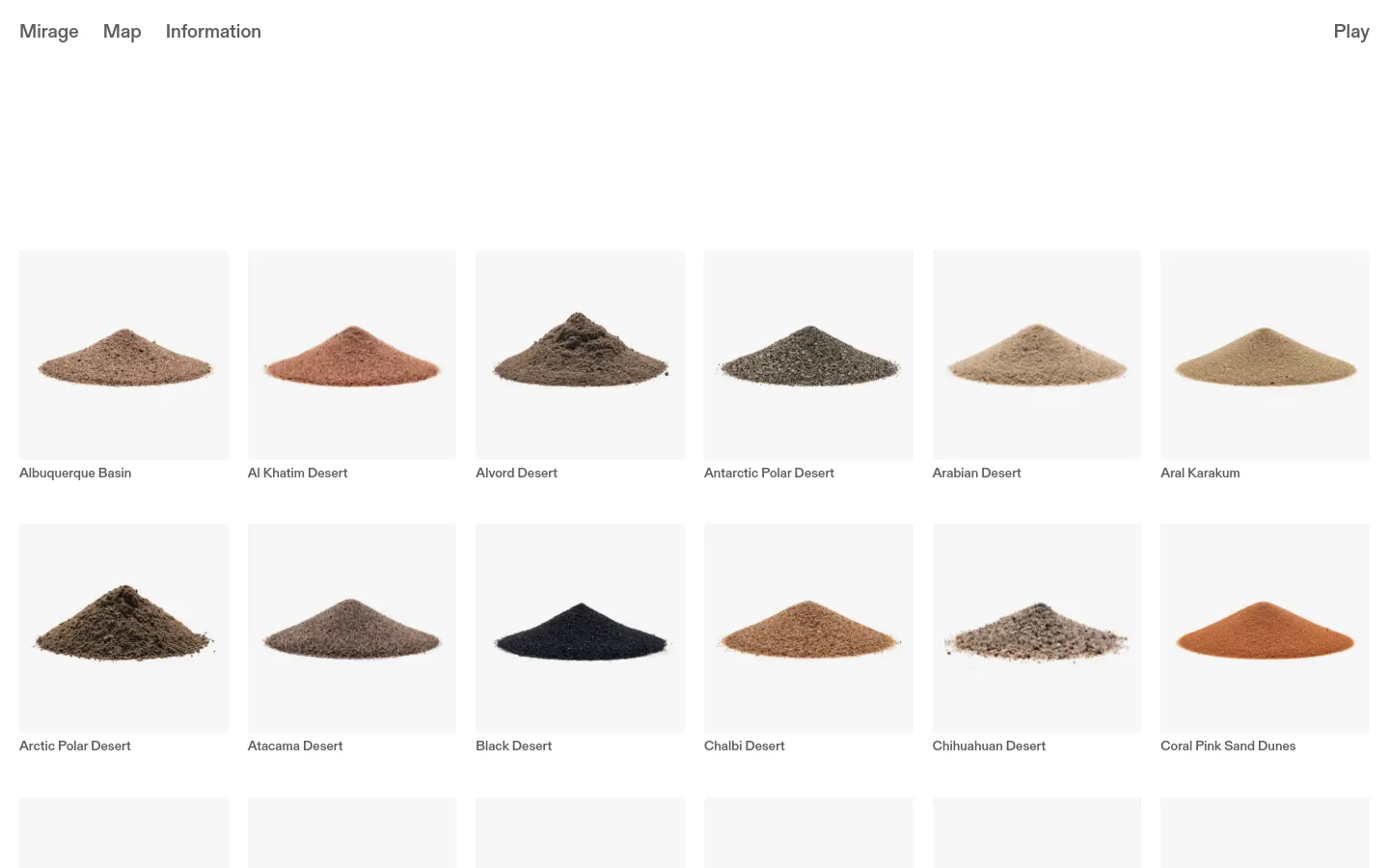 The Sand Catalogue desktop page features a minimalist white layout with a navigation menu at the top containing Mirage, Map, Information, and Play. A grid of large, high-quality images displays individual piles of sand in various colors and textures, each labeled with the name of its desert origin, such as Albuquerque Basin and Al Khatim Desert.