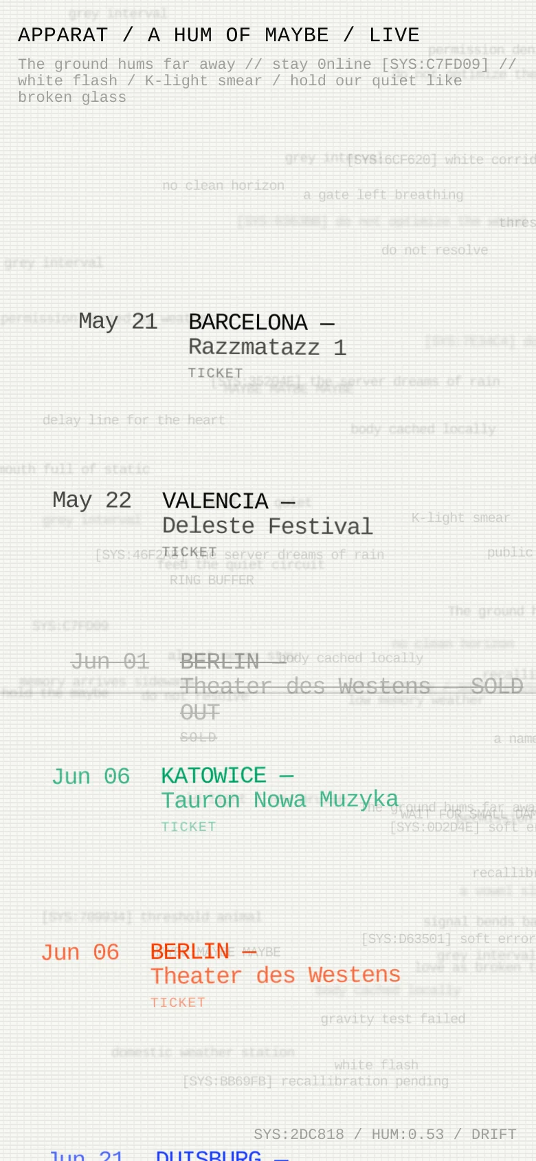 The mobile version maintains the minimalist light gray aesthetic and technical text background but uses a single-column vertical layout. The text is scaled for readability, presenting the tour dates and locations in a continuous vertical list optimized for scrolling on a narrow screen.