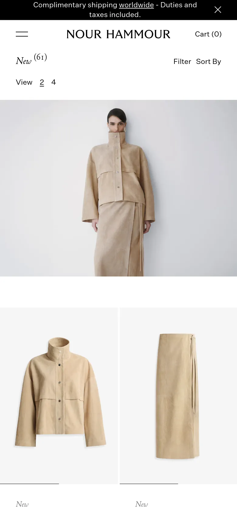 The mobile version presents a simplified, single-column layout optimized for vertical scrolling, with a hamburger menu icon and the brand name 'NOUR HAMMOUR' centered at the top. The product images, such as the tan suede jacket and skirt, are stacked vertically and appear larger to fill the screen width. Navigation elements like 'Filter' and 'Sort By' are condensed, and the 'New (61)' heading is prominently displayed above the product feed.