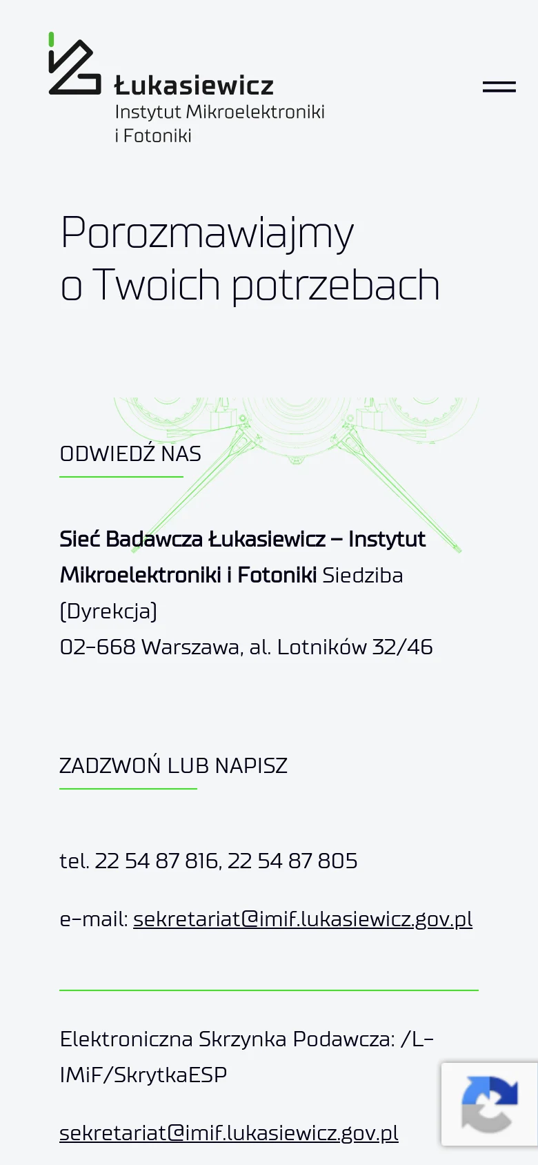 The mobile version presents a simplified, single-column vertical layout optimized for scrolling. The large heading is centered above a technical schematic graphic, followed by contact sections stacked vertically: 'Odwiedź Nas', 'Zadzwoń lub Napisz', and social media links. The top navigation is condensed into a hamburger menu icon next to the logo.