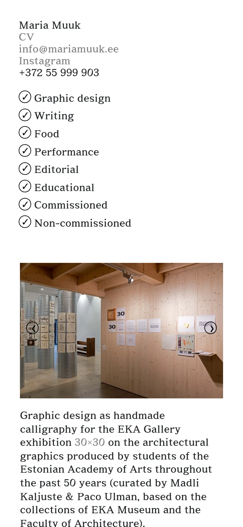 The mobile version presents a single-column vertical layout optimized for small screens. The header and professional categories list are stacked at the top, followed by large, full-width project images and their corresponding descriptions, maintaining the clean, minimalist aesthetic of the desktop site.