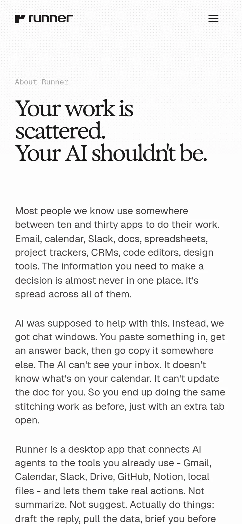 Runner About page in a mobile-responsive stacked layout. The large serif headline Your work is scattered. Your AI shouldn't be. sits above single-column text blocks and vertically arranged founder profile images.