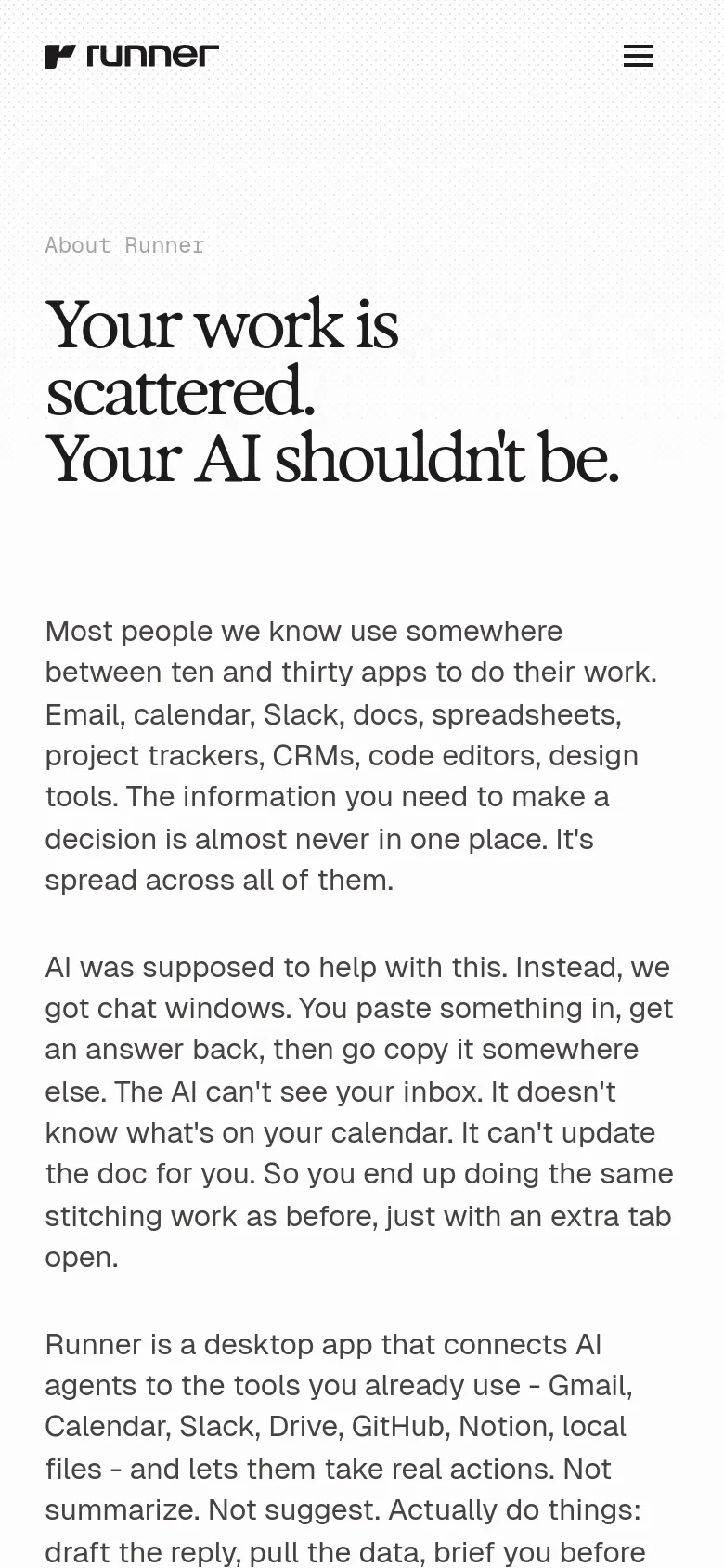 Runner About page in a mobile-responsive stacked layout. The large serif headline Your work is scattered. Your AI shouldn't be. sits above single-column text blocks and vertically arranged founder profile images.