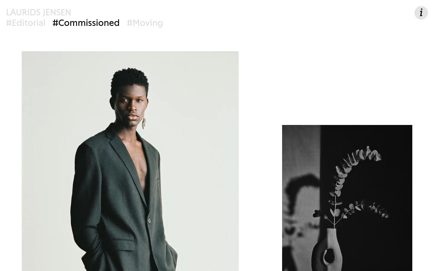 A minimalist portfolio page with a white background and light grey navigation text at the top. The layout features a grid of large, high-quality photographic project previews, each consisting of a portrait or still life image paired with a bold black title below it. The desktop view displays these projects in a wide, multi-column grid format.