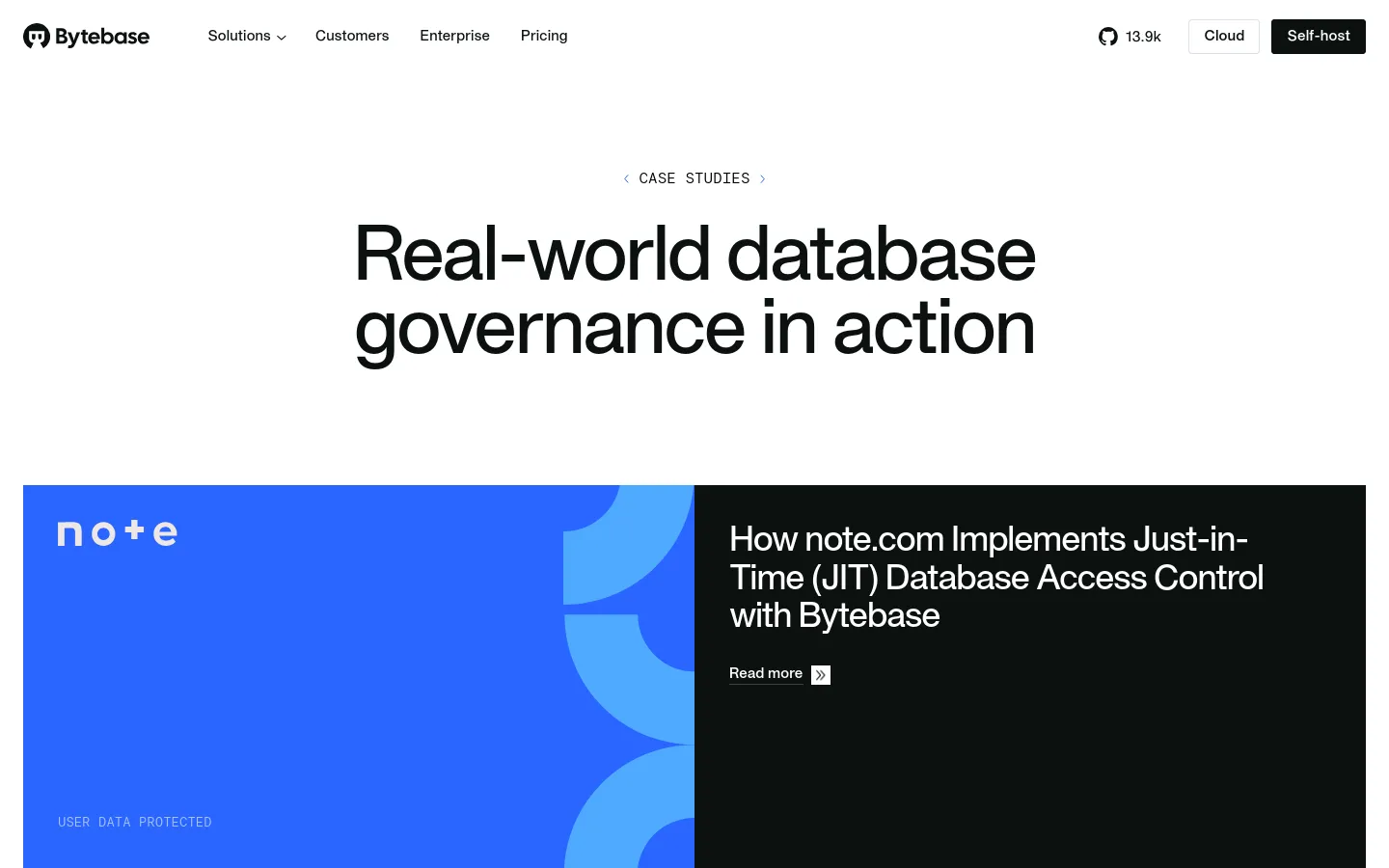 The desktop page features a clean, white and dark theme with a large headline reading 'Real-world database governance in action.' Below the headline, a prominent hero section displays a blue graphic for note.com alongside a dark panel containing a case study title and a 'Read more' call to action. The layout includes a navigation bar at the top and a grid of customer case studies with company logos and feature tags.