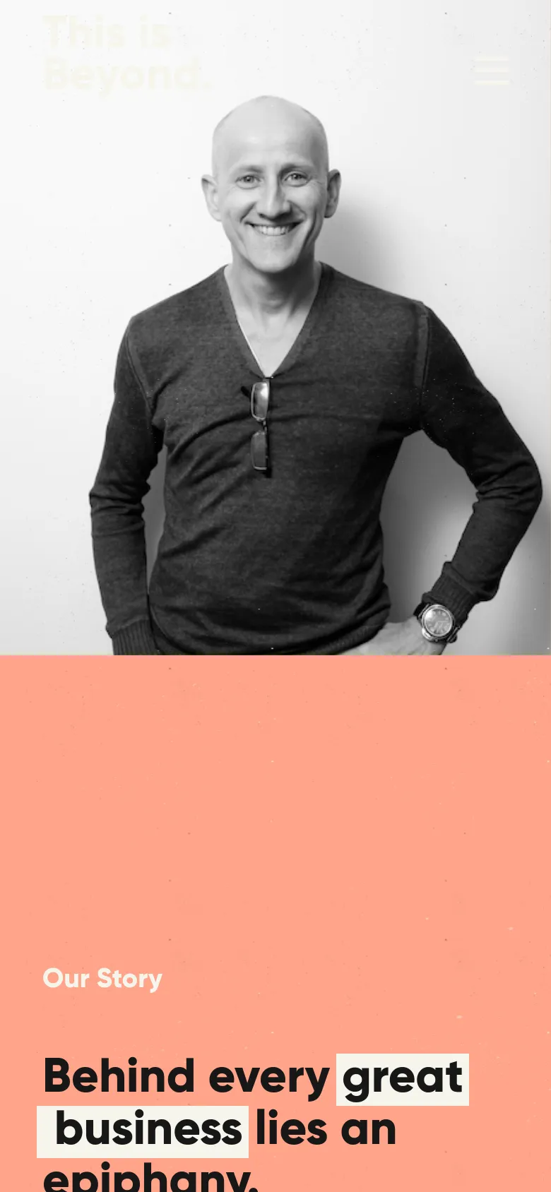 The mobile version presents a vertically stacked layout, starting with the same black and white portrait of the man. The salmon-colored section follows, with the headline text scaled to fit the narrower screen width. The navigation elements are condensed, prioritizing the large typography and portrait imagery.