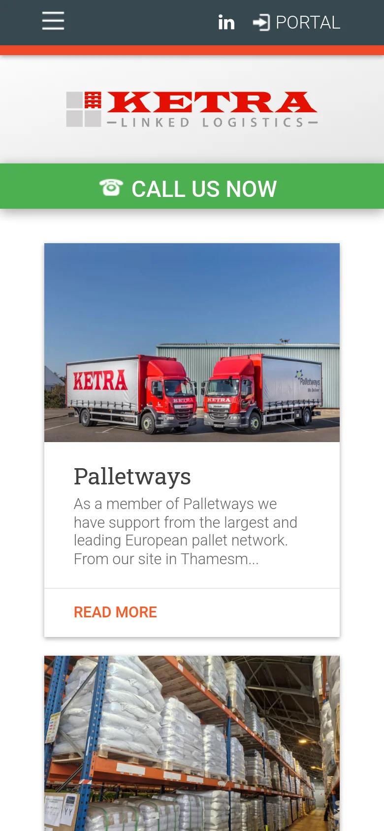 The mobile version stacks the content vertically for easier scrolling. The service cards appear one after another in a single column, and the sidebar content is integrated into the main vertical flow. A prominent green 'CALL US NOW' button is fixed at the top of the viewport below the header.