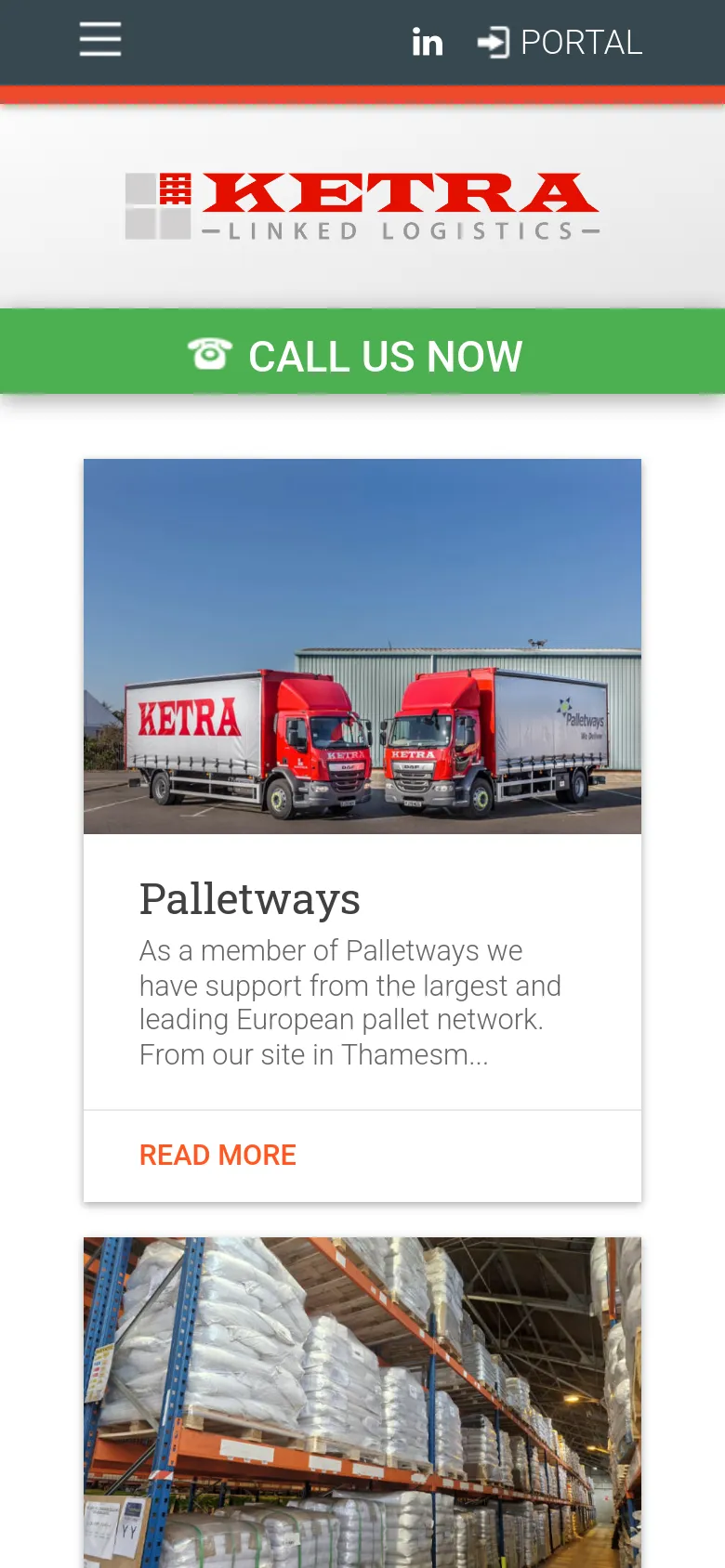 The mobile version stacks the content vertically for easier scrolling. The service cards appear one after another in a single column, and the sidebar content is integrated into the main vertical flow. A prominent green 'CALL US NOW' button is fixed at the top of the viewport below the header.