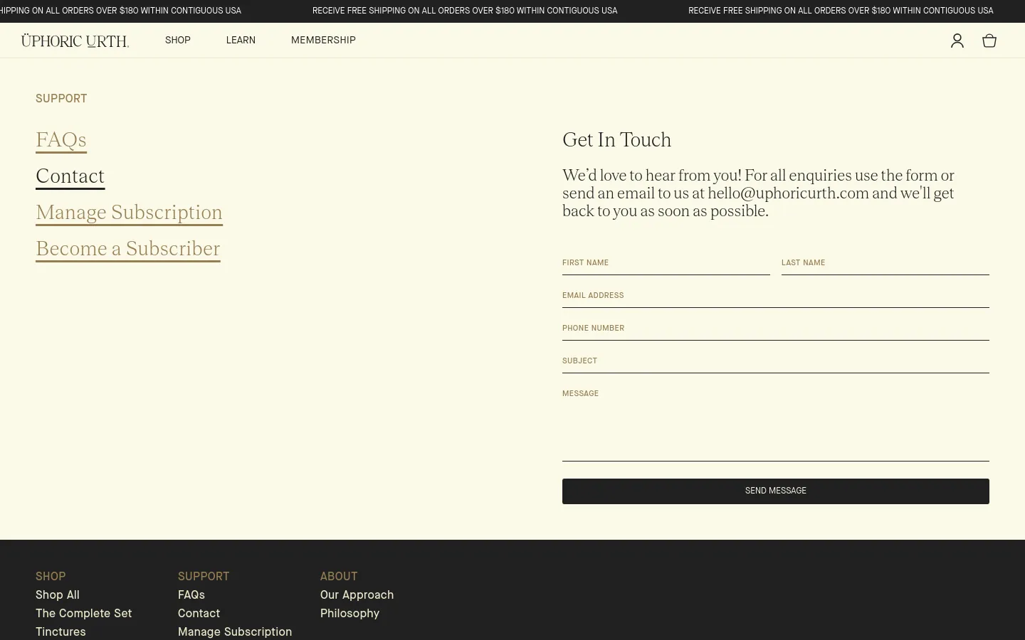 Üphoric Urth Contact desktop website screenshot