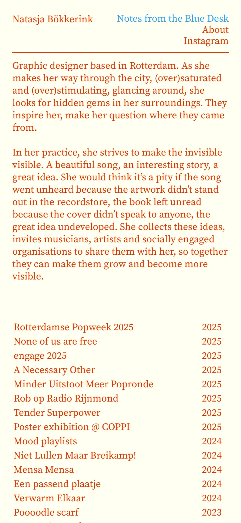 The mobile version maintains the minimalist white and orange-brown color scheme but uses a single-column layout. The introductory text is stacked vertically, and the project list is simplified into a single vertical list for easier scrolling on a narrow screen.