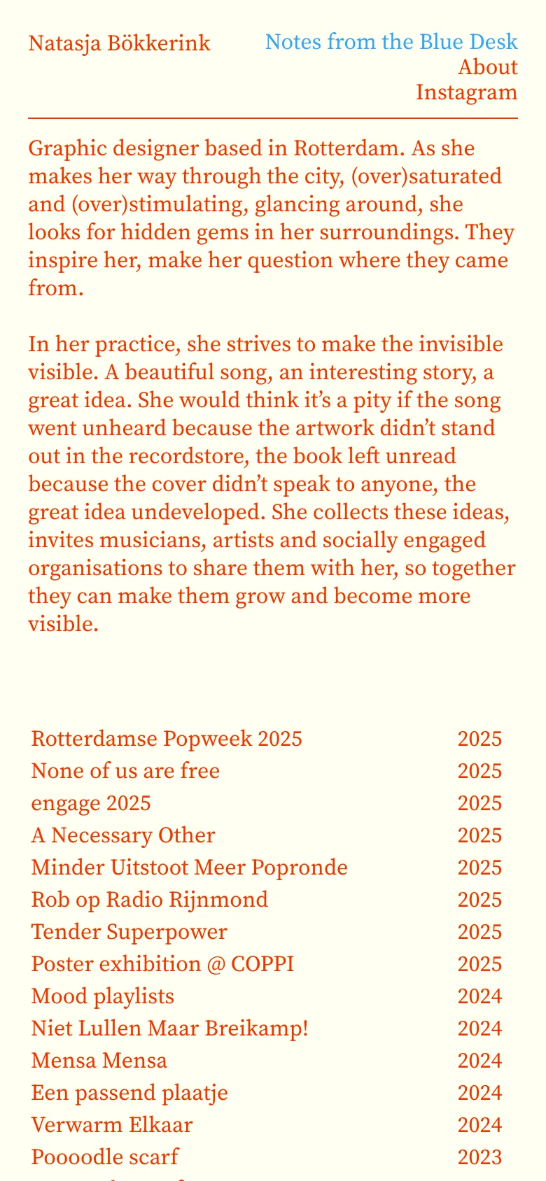 The mobile version maintains the minimalist white and orange-brown color scheme but uses a single-column layout. The introductory text is stacked vertically, and the project list is simplified into a single vertical list for easier scrolling on a narrow screen.