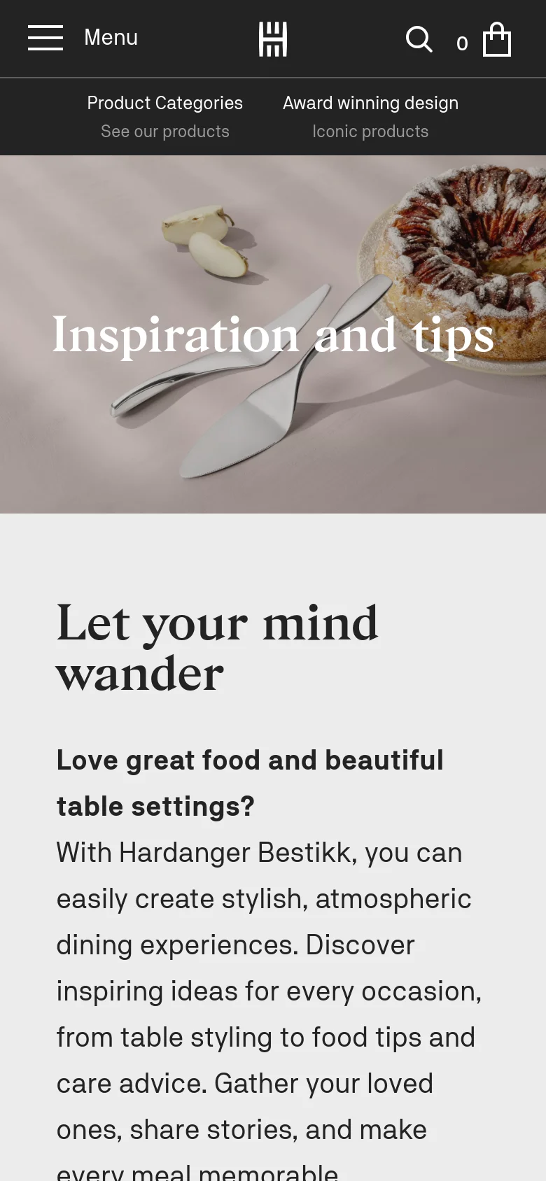 The mobile version maintains the hero image with the 'Inspiration and tips' headline but uses a condensed layout. The navigation is simplified into a hamburger menu icon, a central logo, and a search/cart icon. Content cards are stacked vertically to fit the narrow screen, prioritizing readability of the text and large imagery.