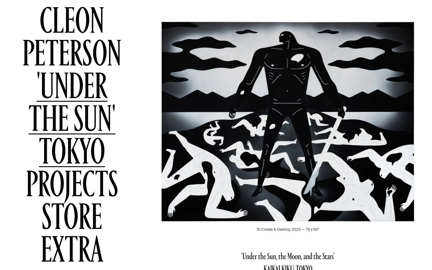 A desktop view of an artist portfolio page featuring a large, high-contrast black and white painting of stylized human figures in a landscape. Large, bold serif typography on the left side lists the artist's name, exhibition title, and navigation links like 'PROJECTS' and 'STORE'. The layout is minimalist with a white background and significant negative space.