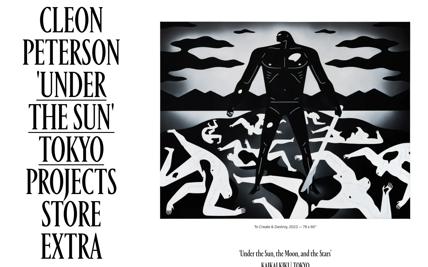 A desktop view of an artist portfolio page featuring a large, high-contrast black and white painting of stylized human figures in a landscape. Large, bold serif typography on the left side lists the artist's name, exhibition title, and navigation links like 'PROJECTS' and 'STORE'. The layout is minimalist with a white background and significant negative space.