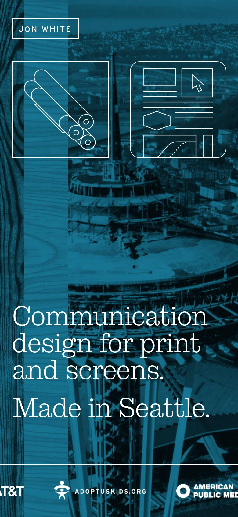 The mobile version presents a vertically stacked layout of the blue-tinted Seattle hero image. The headline is centered and takes up the middle of the screen, with the minimalist line icons and client logos repositioned to fit the narrow viewport.