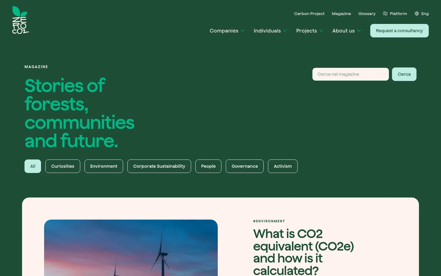 The desktop Magazine page features a dark green hero section with large, light green serif text reading 'Stories of forests, communities and future.' A horizontal navigation bar of category buttons like 'All', 'Curiosities', and 'Environment' sits below a search bar. Below the hero, a white content area displays article cards with large images and headlines.