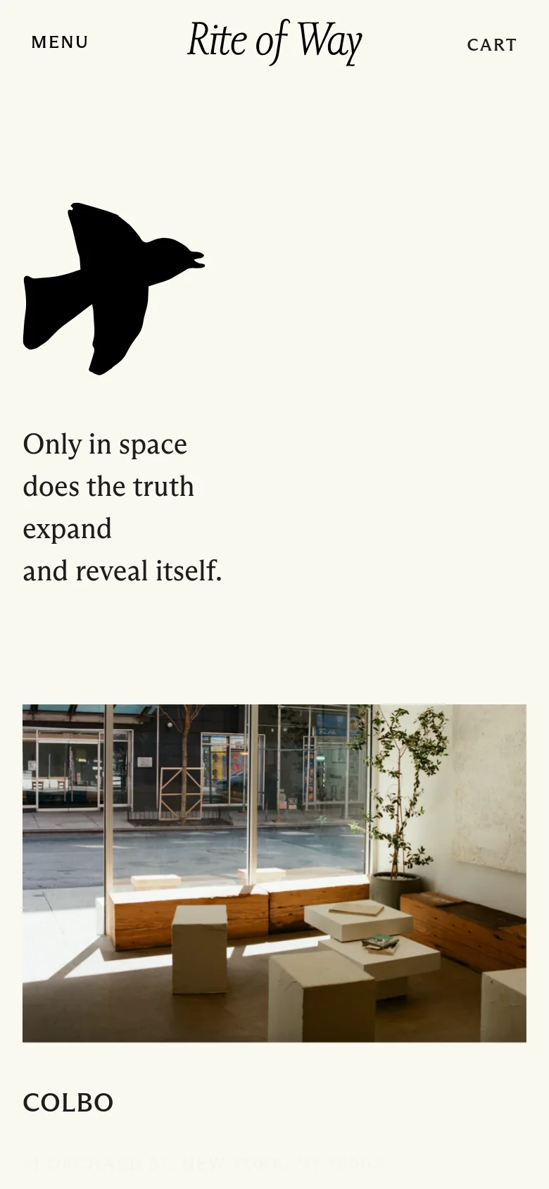 The mobile version maintains the minimalist cream and black aesthetic but uses a vertical single-column layout. The bird silhouette and headline are centered at the top, followed by the storefront image, with the 'COLBO' heading and address stacked vertically below it.