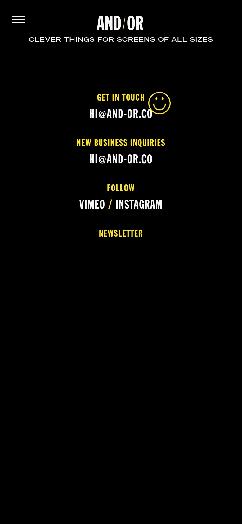 And / Or mobile contact page with a vertically stacked layout on a black background. Large yellow sans-serif headings organize the contact email, social media links, and newsletter signup for a simplified mobile user experience.