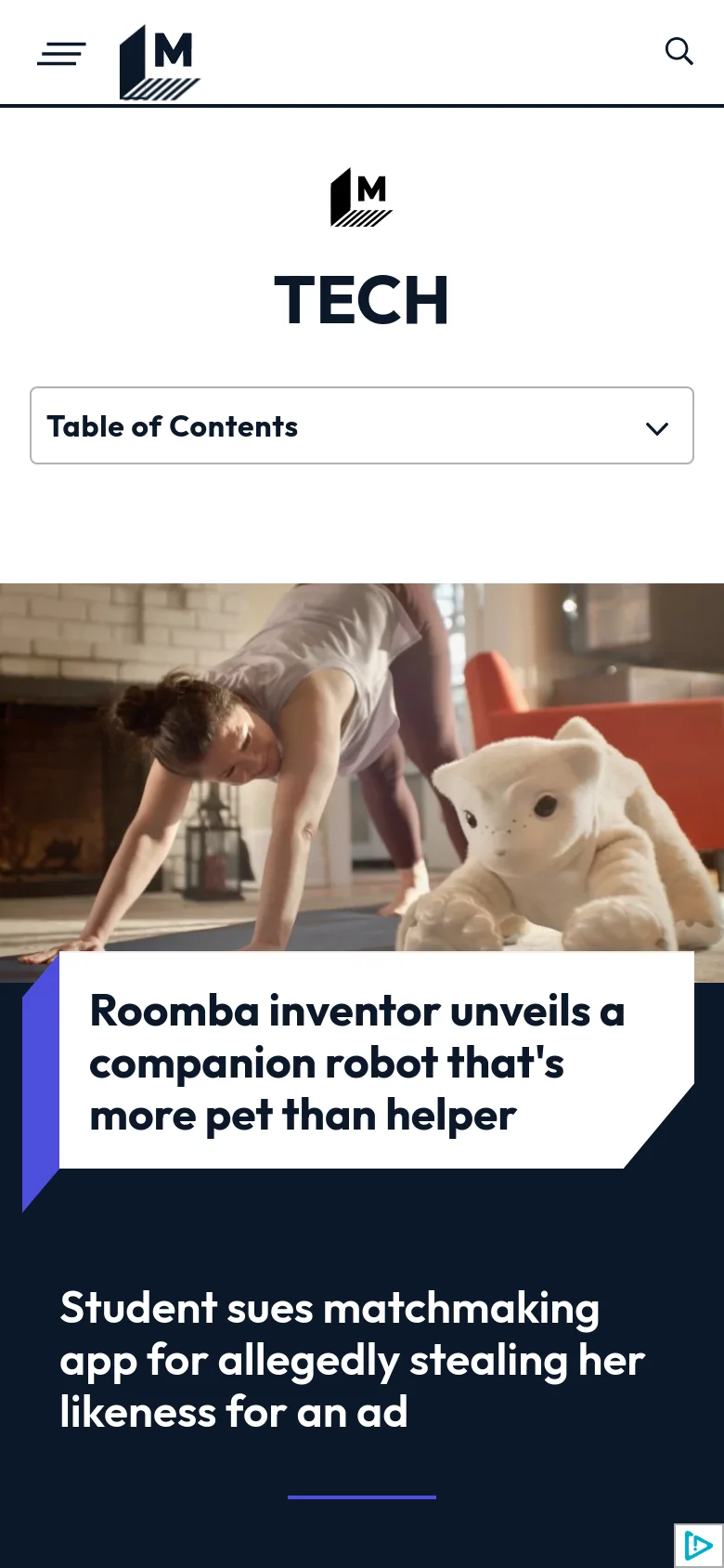 The mobile version presents a simplified layout with a hamburger menu and search icon at the top. The 'TECH' heading and 'Table of Contents' dropdown remain prominent above the hero image, which features the same headline and robot pet imagery as the desktop version.