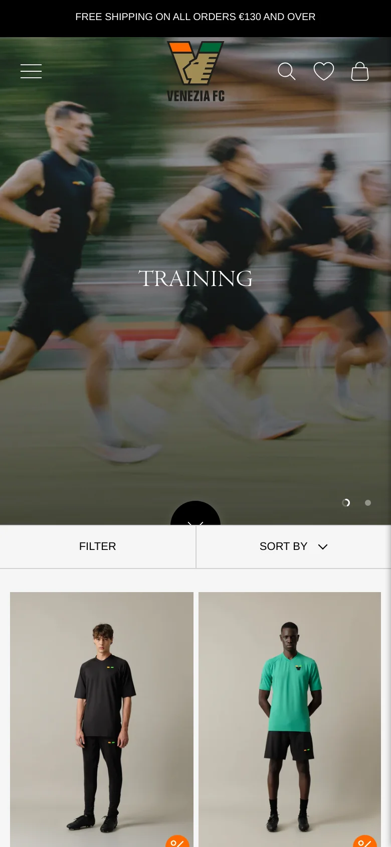 The mobile version presents a vertically oriented hero image of athletes training, with the 'TRAINING' headline overlaid. The navigation is condensed into a hamburger menu, and the filter and sort options are displayed as two large, full-width buttons above a single-column product grid.