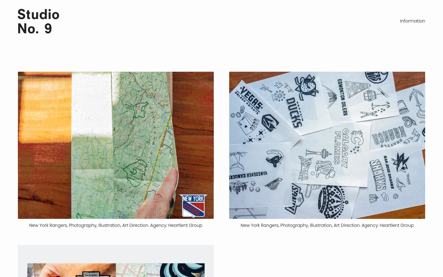 The Studio No. 9 homepage features a minimalist white layout with a large bold logo in the top left and an 'Information' link on the right. A grid of high-quality portfolio images showcases various design projects, including photography and illustrations for the New York Rangers and branding for Flakes. Each image is accompanied by descriptive text detailing the project type and agency credits.