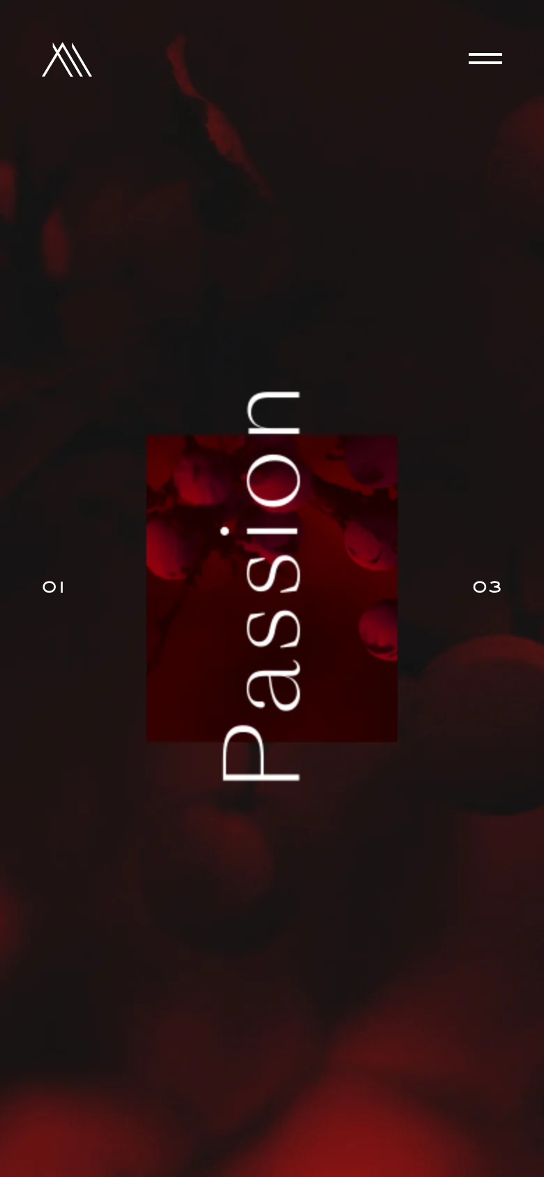 The mobile version maintains the dark red grape imagery and vertical 'Passion' text but uses a more condensed layout. The navigation links '01' and '03' are centered horizontally, and the hamburger menu icon is positioned at the top right against the dark background.