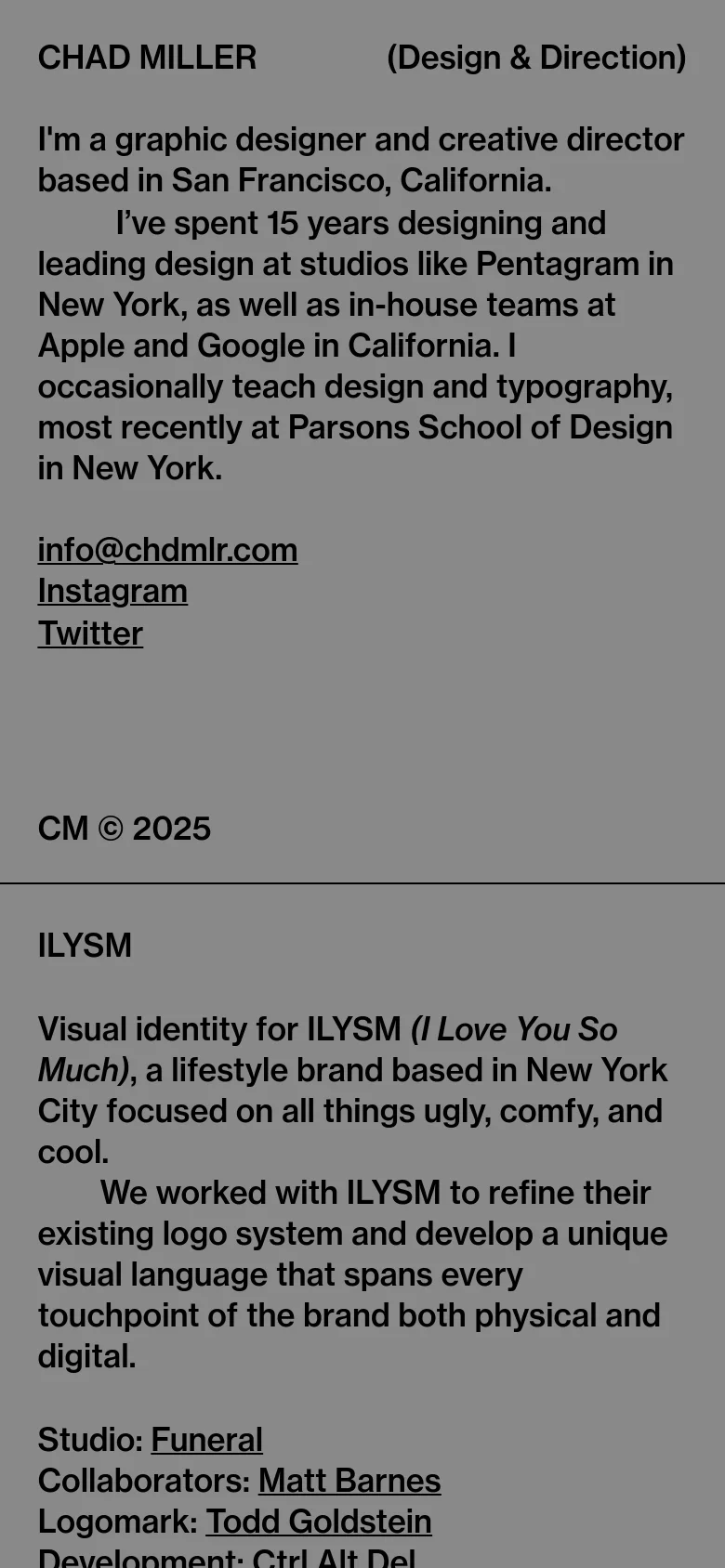 The mobile version presents a single-column vertical layout optimized for scrolling. The professional bio and contact links appear at the top, followed by project sections where text and images are stacked vertically rather than side-by-side. The minimalist aesthetic and neutral color palette are maintained from the desktop version.