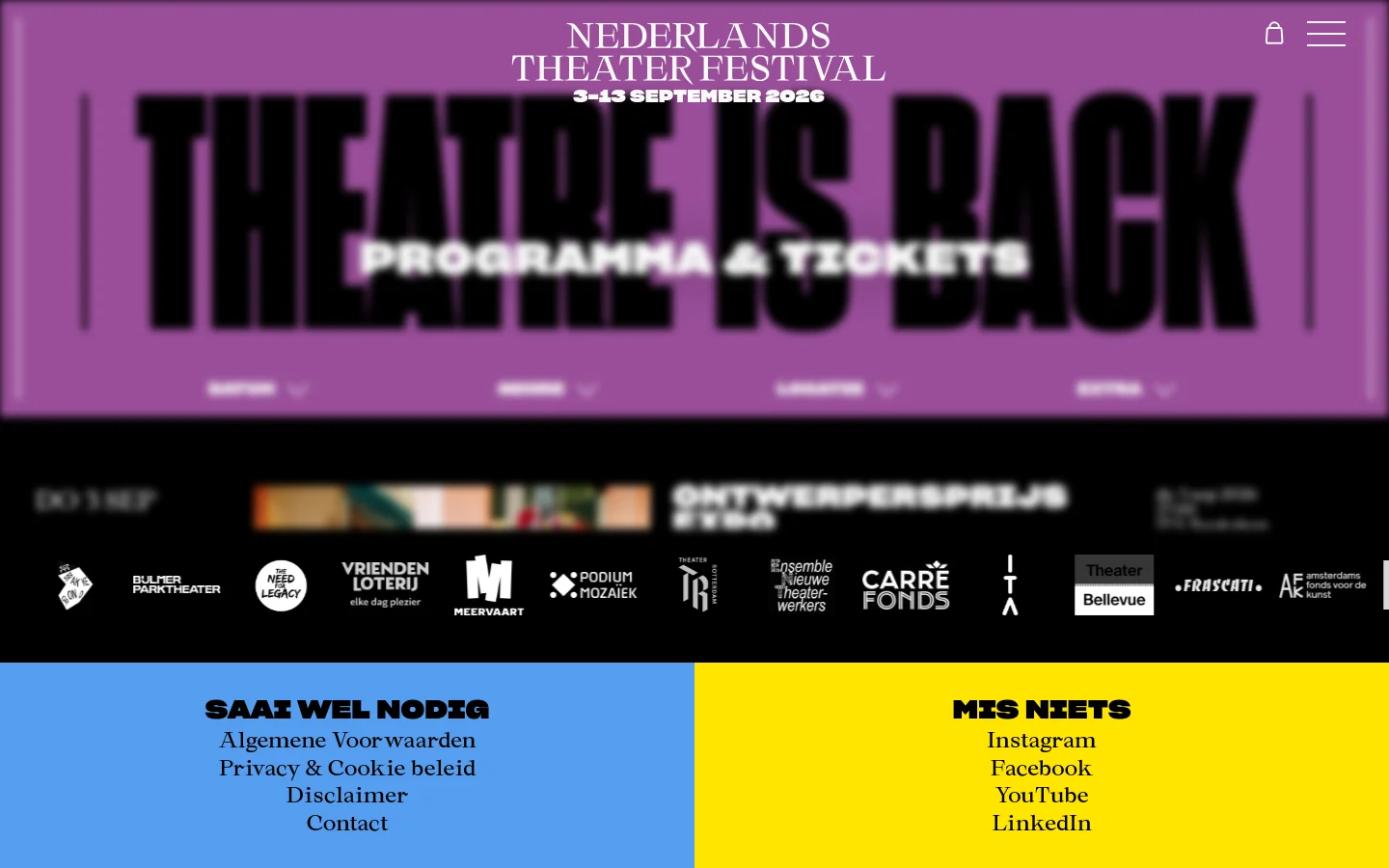 The desktop page features a large purple hero banner with the text 'Nederlands Theater Festival 3-13 September 2026' and 'Theatre is Back'. Below the banner, a filter section allows users to sort by date, genre, location, and extra categories, followed by a vertical list of performance cards containing titles, dates, locations, and ticket buttons. The footer is split into a blue section for legal links and a yellow section for social media links.