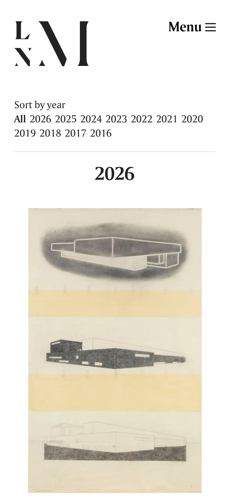 The mobile version simplifies the layout into a single-column vertical stack to fit narrow screens. The navigation is condensed into a 'Menu' hamburger icon, and the year filter is presented as a wrapped list of text links. The exhibition entries follow a vertical flow with large images and text stacked underneath.