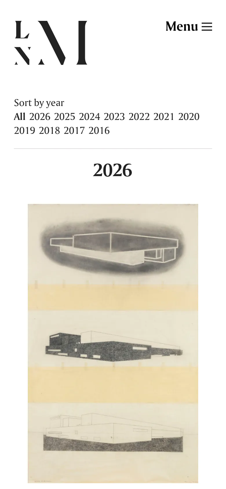 The mobile version simplifies the layout into a single-column vertical stack to fit narrow screens. The navigation is condensed into a 'Menu' hamburger icon, and the year filter is presented as a wrapped list of text links. The exhibition entries follow a vertical flow with large images and text stacked underneath.