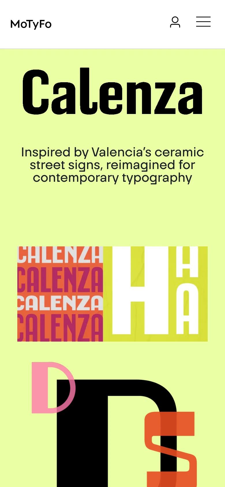 The mobile version presents a simplified vertical layout with a condensed navigation menu represented by a hamburger icon and a user profile icon. The large, bold font headings and colorful typographic graphics remain prominent, stacked vertically to fit the narrow screen width.