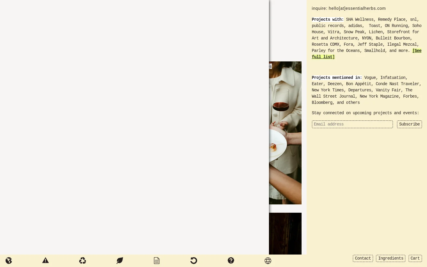 The desktop page features a minimalist design with a cream background and a grid of culinary project images. Large, high-quality photographs of food, weddings, and outdoor dinners are arranged in columns, each accompanied by descriptive text links. A sidebar on the right contains text information about projects and an email subscription field.