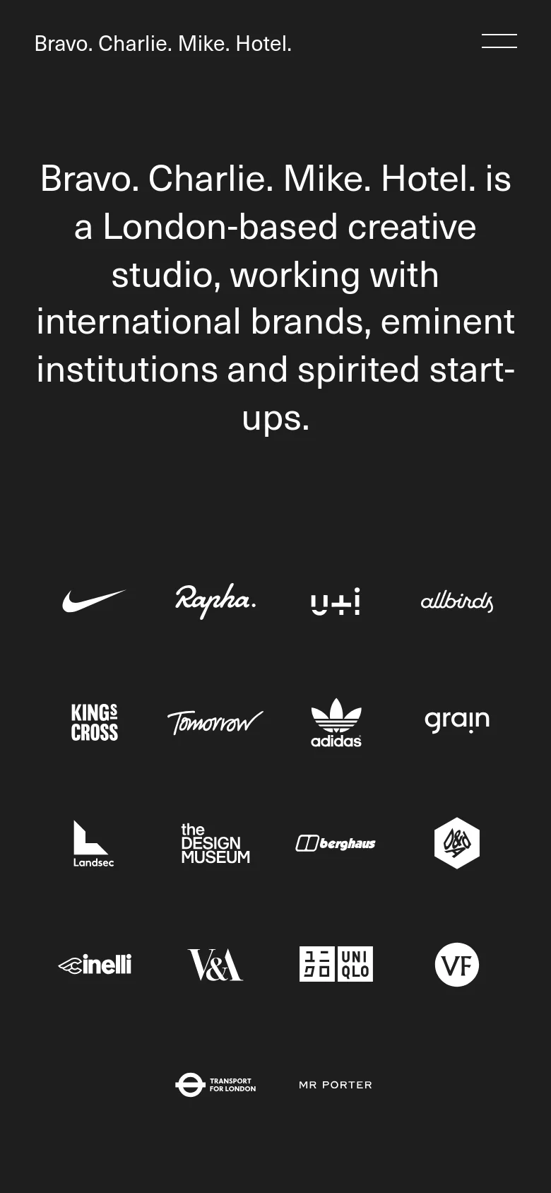 The mobile version maintains the dark theme and white typography but uses a single-column vertical layout. The headline is centered and larger, while the client logo grid is rearranged into a more compact, multi-row arrangement to fit the narrow screen.