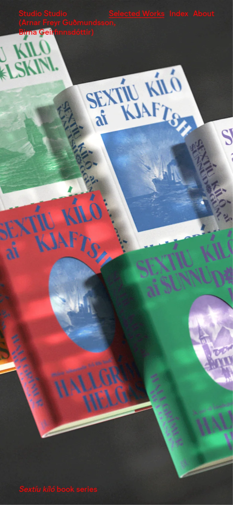The mobile version maintains the dark aesthetic but presents the content in a vertical stack. The studio's name and contact details appear at the top, followed by a large, close-up hero image of the colorful 'Sextíu kíló' book series, with navigation links relocated to the bottom of the screen.