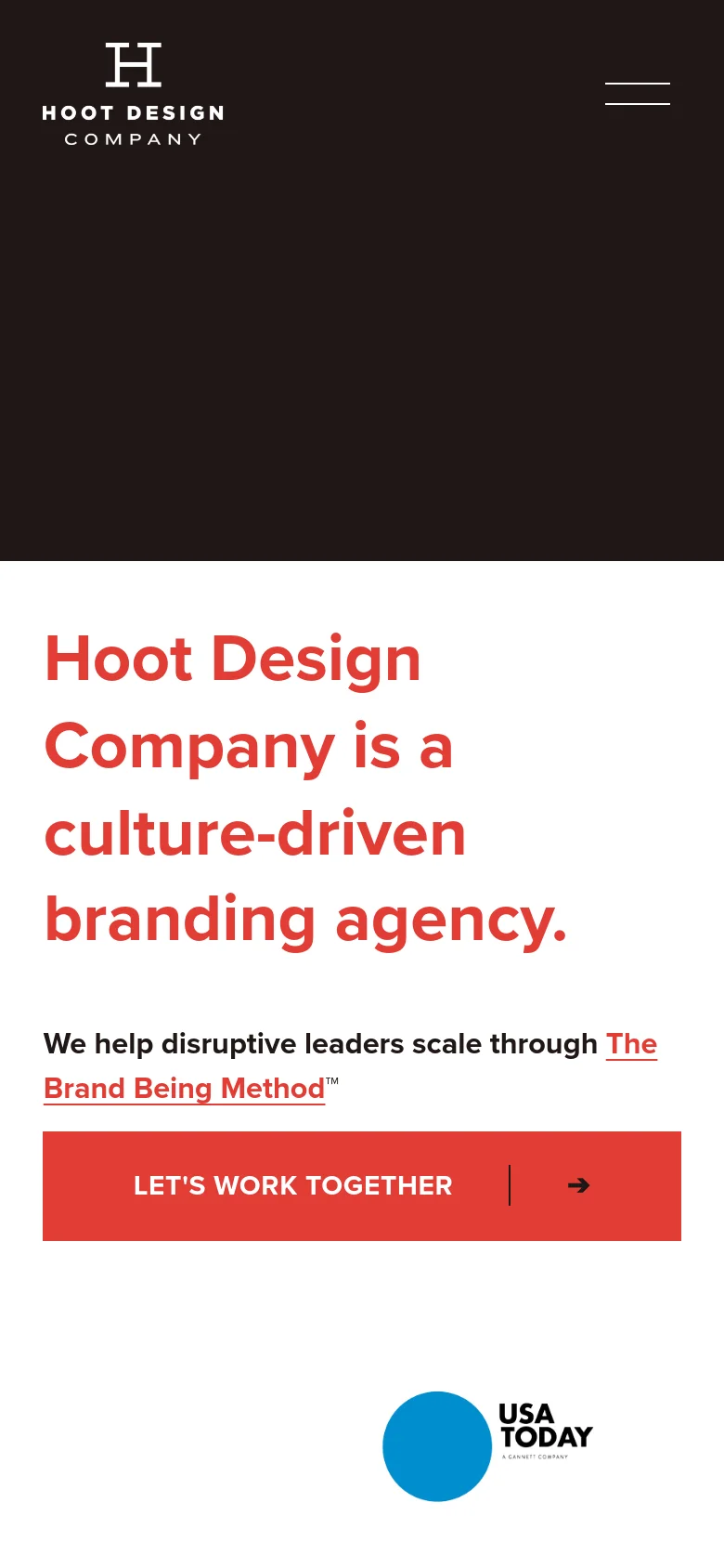 The mobile version features a dark header with the company logo and a hamburger menu icon. The main content area transitions to a single-column layout with large red headline text, a prominent red 'Let's work together' button, and a centered USA Today logo below it.