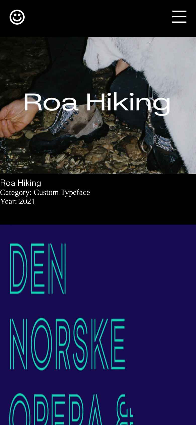 The mobile version maintains the black background and white text but uses a simplified navigation menu represented by a three-line hamburger icon. The hero image and project tiles are scaled to fit the narrower vertical screen, stacking the content in a single column for easier scrolling.