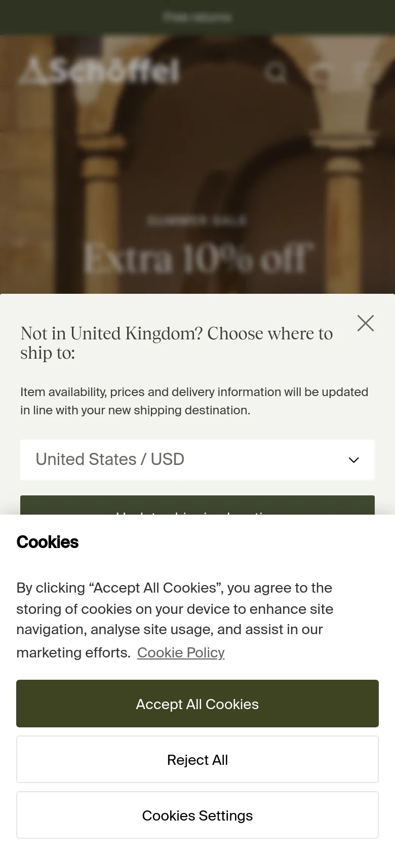 The mobile version presents a vertically oriented hero image of the stone cloister courtyard. The 'Summer Sale' text and discount code are stacked vertically above the 'Men's' and 'Women's' buttons, which are arranged in a single column. A location selection pop-up and cookie consent banner overlay the bottom half of the screen.