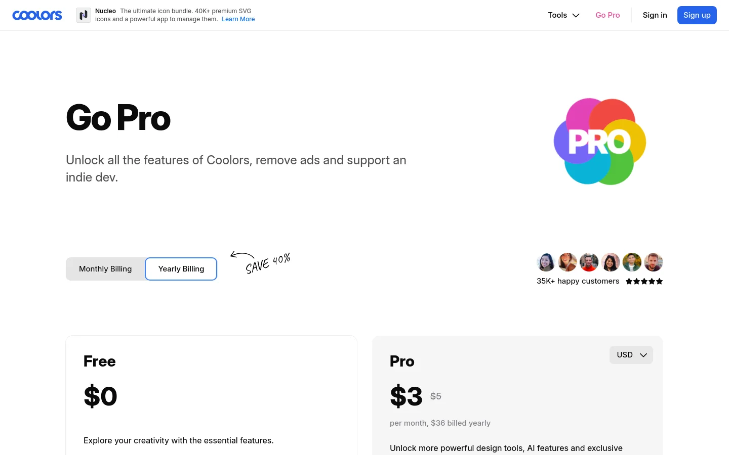 The desktop pricing page features a clean white background with a large 'Go Pro' headline and a colorful, multi-layered 'PRO' flower graphic on the right. Below the hero section, users can toggle between 'Monthly Billing' and 'Yearly Billing' buttons, accompanied by a 'SAVE 40%' hand-drawn arrow and customer testimonials. Two pricing cards, 'Free' and 'Pro', are displayed side-by-side at the bottom.