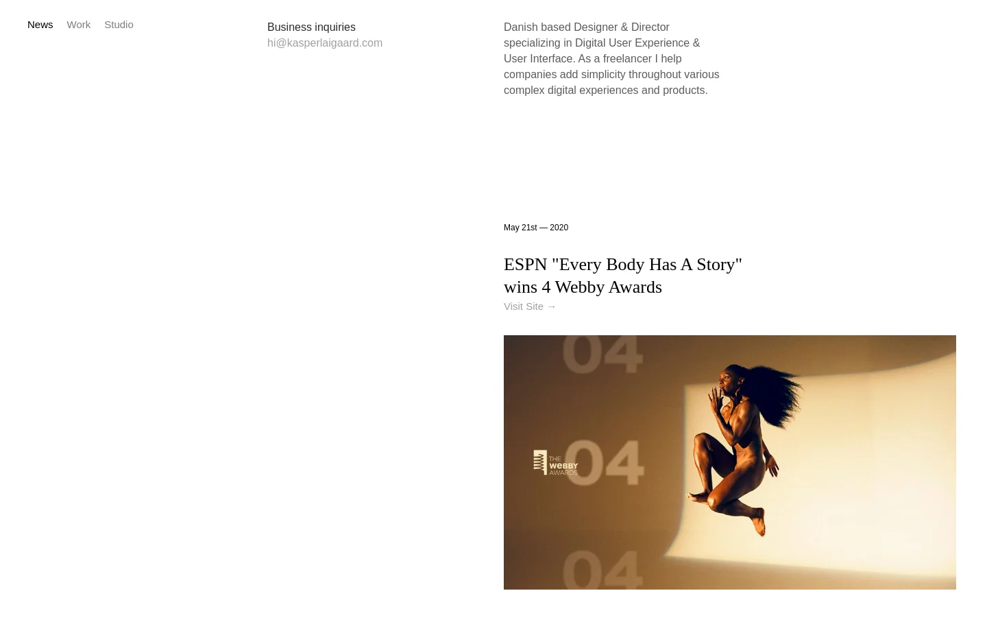The desktop homepage features a minimalist white layout with a multi-column header containing navigation links, business inquiries, and a professional bio. Below, a news section displays a large headline about ESPN winning Webby Awards, a 'Visit Site' link, and a large cinematic photograph of a person jumping in front of a bright light.