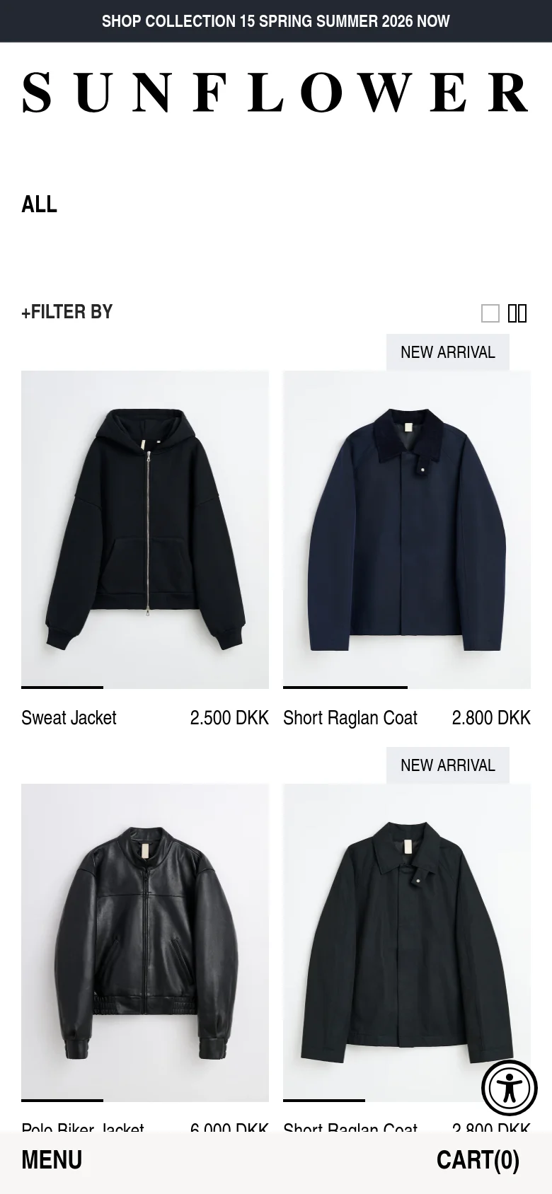 The mobile version features a simplified layout with a prominent 'MENU' and 'CART(0)' footer. The product grid shifts to a single or double column view to accommodate the smaller screen, displaying product images, titles, and prices like the Sweat Jacket for 2.500 DKK in a vertical stack.