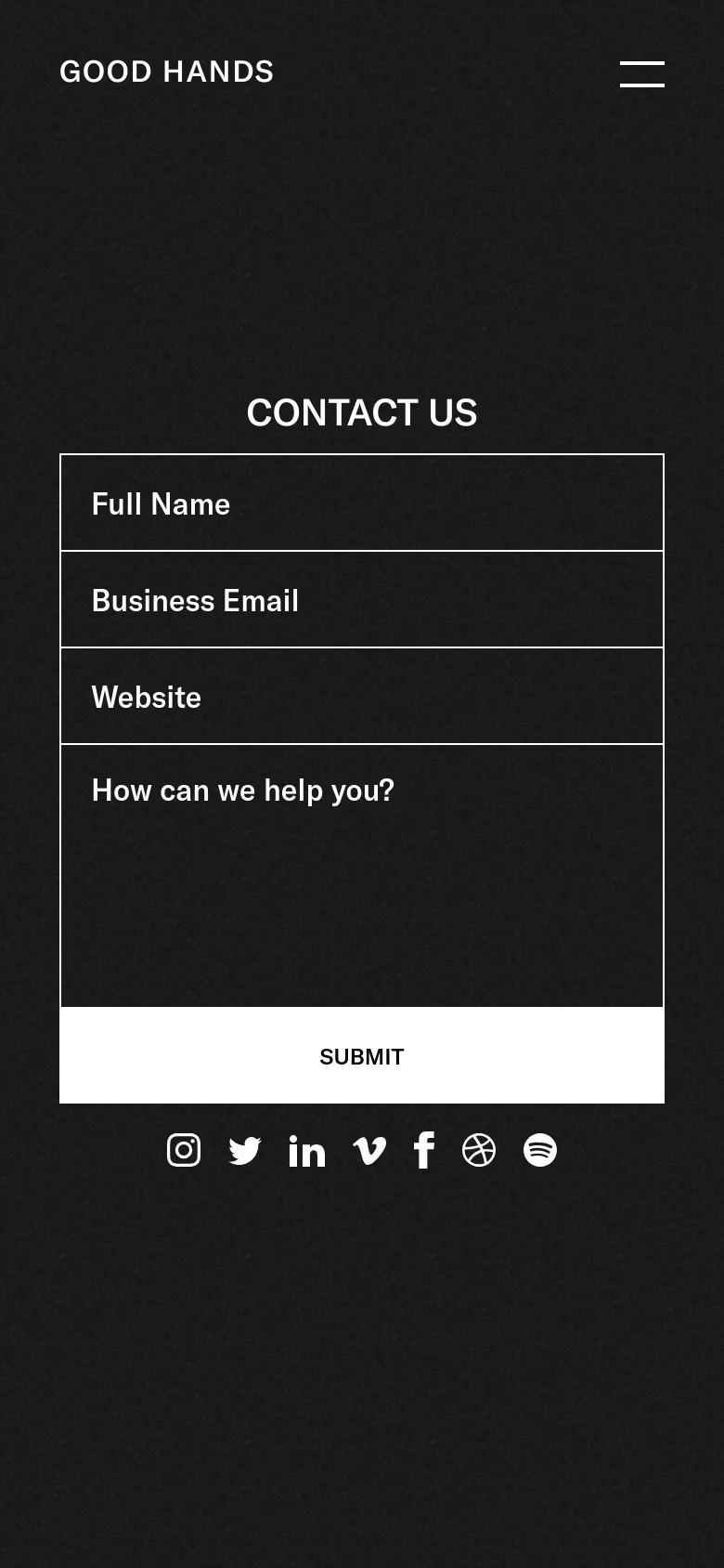 The mobile version maintains the dark textured aesthetic but shifts to a vertical layout. The 'GOOD HANDS' logo and a hamburger menu icon are at the top, followed by the 'CONTACT US' headline and a full-width contact form. The white 'SUBMIT' button and social media icons are prominently displayed at the bottom of the screen.