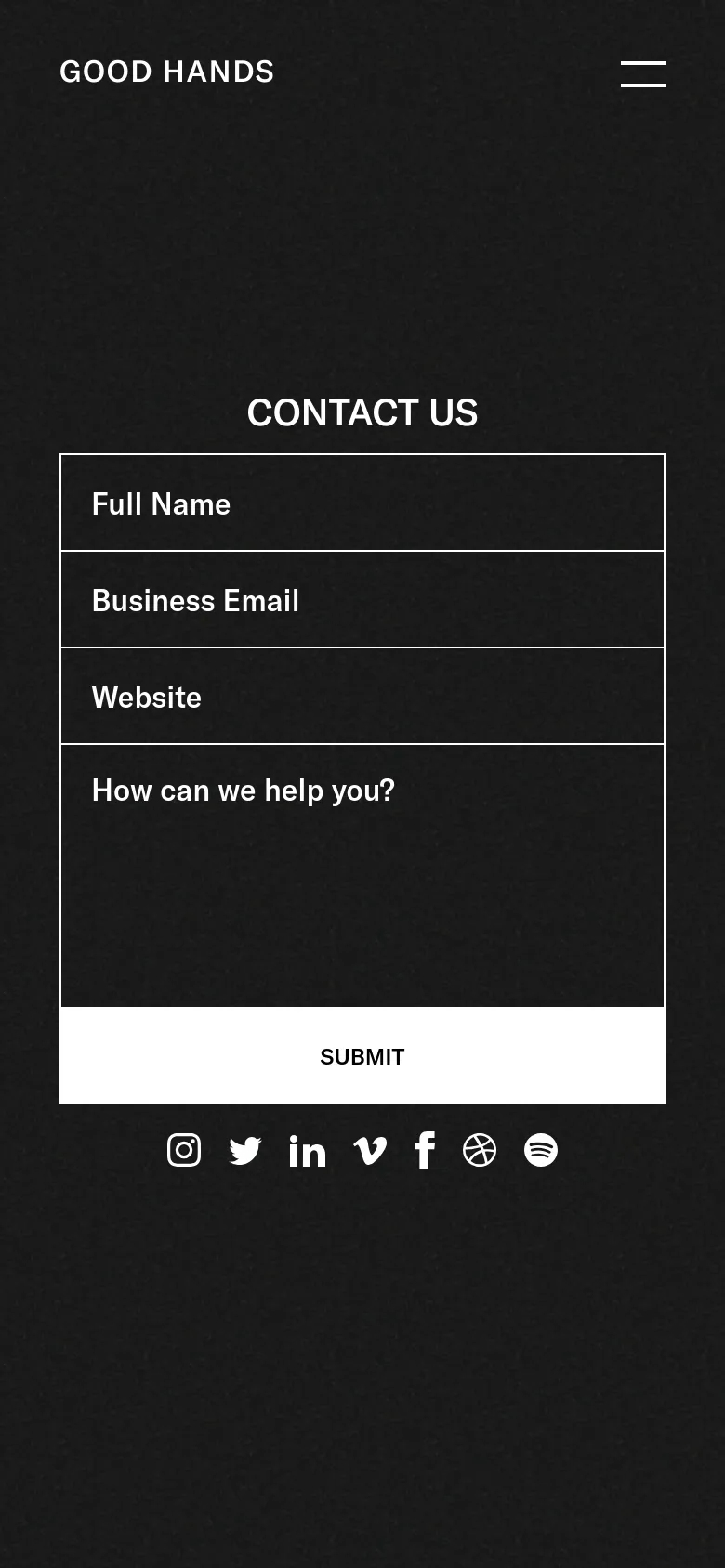 The mobile version maintains the dark textured aesthetic but shifts to a vertical layout. The 'GOOD HANDS' logo and a hamburger menu icon are at the top, followed by the 'CONTACT US' headline and a full-width contact form. The white 'SUBMIT' button and social media icons are prominently displayed at the bottom of the screen.