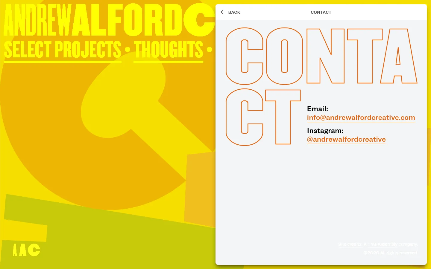 The desktop contact page features a split-screen layout with a large yellow and lime green graphic on the left and a white section on the right. The right side contains the word 'CONTACT' in large orange outlined letters, followed by contact links for email and Instagram in black text. A 'BACK' button and 'CONTACT' header are located at the top of the white section.