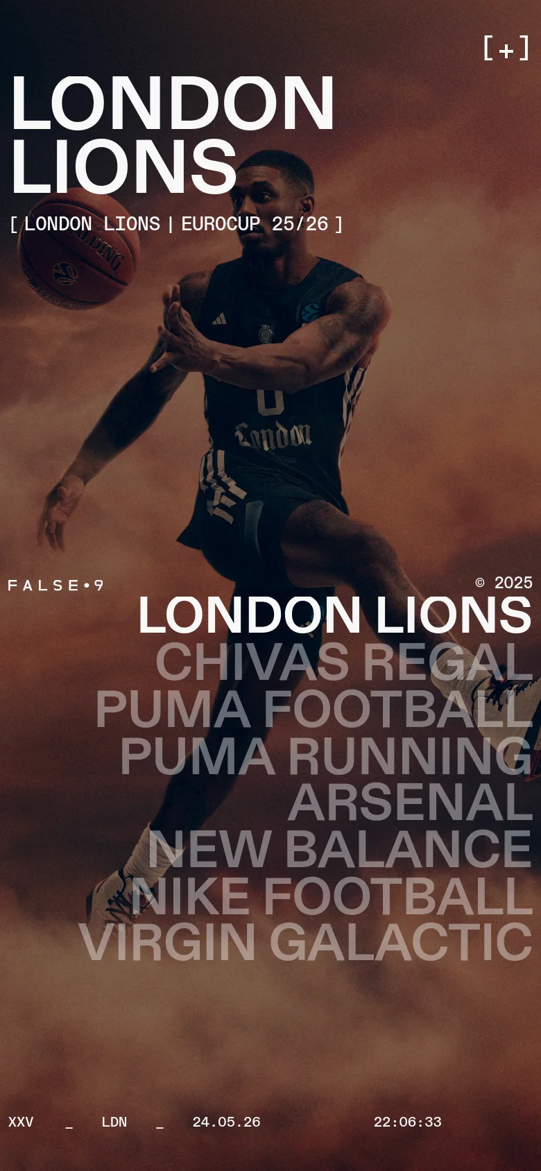The mobile version presents a vertically oriented version of the hero image, focusing on the basketball player against a cloudy, sunset-toned background. The 'LONDON LIONS' headline and client list are stacked vertically, and the navigation is replaced by a simple '[+]' icon in the top right corner.