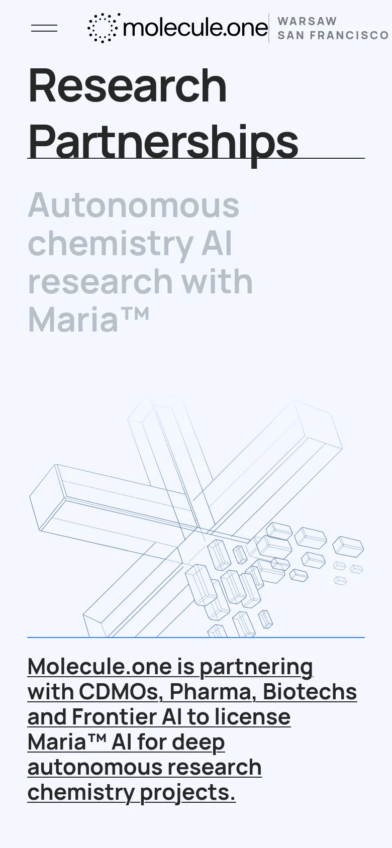 The mobile version uses a single-column vertical layout on a white background. The headline 'Research Partnerships' and subheadline appear at the top, followed by a large wireframe illustration of geometric shapes, and the descriptive text block is positioned below the image.